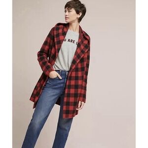 Field Flower Buffalo Plaid Hooded Long Open Sweater Coat Sz M Anthropologie